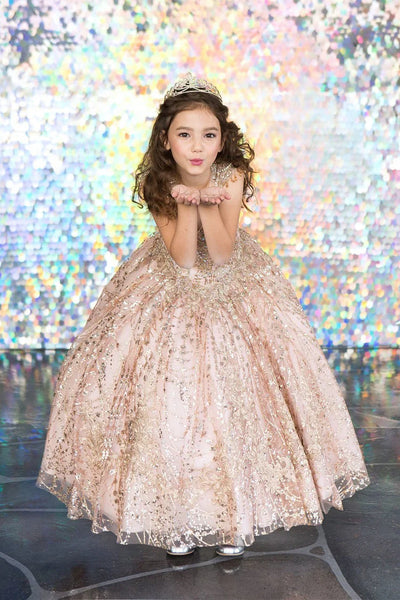 Girls Glitter Party Dress Gold Embroidered Ballgown