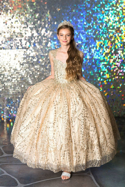 Girls Glitter Party Dress Gold Embroidered Ballgown