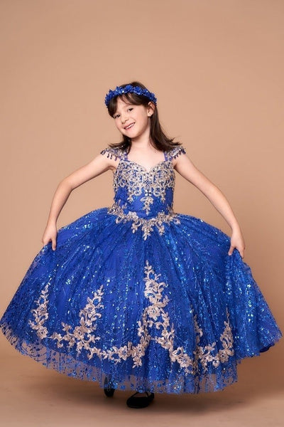 Girls Glitter Party Dress Gold Embroidered Ballgown