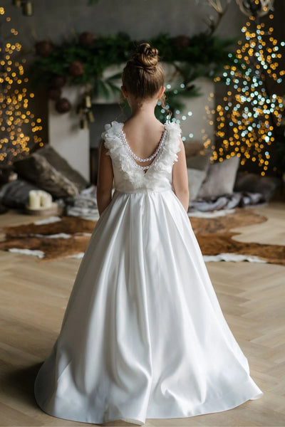 Girls Off White Communion Satin Dress with Pearl Draping & V-Back