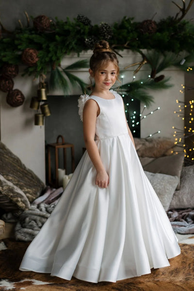 Girls Off White Communion Satin Dress with Pearl Draping & V-Back