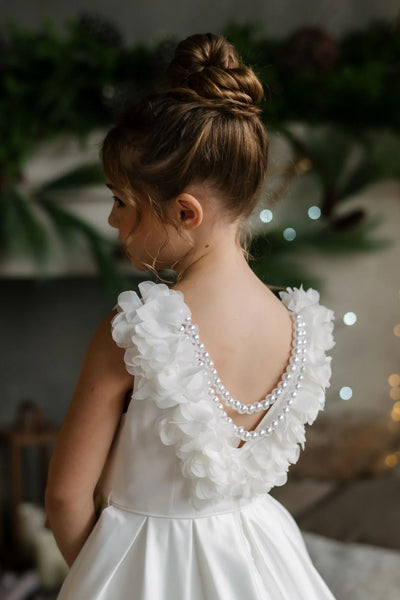 Girls Off White Communion Satin Dress with Pearl Draping & V-Back