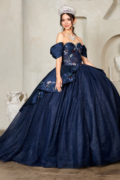 Soraya Midnight Navy Quinceañera Gown – Off-Shoulder Glitter Ballgown