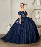 Soraya Midnight Navy Quinceañera Gown – Off-Shoulder Glitter Ballgown