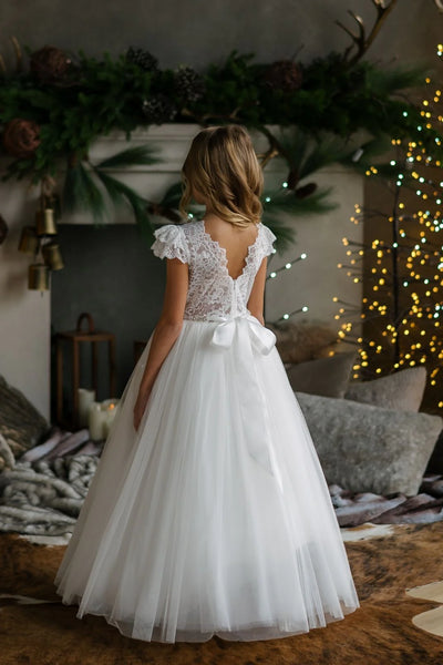 Girls Off-White Lace Communion Dress with Beaded Waist & Bow Back