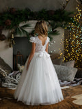Girls Off-White Lace Communion Dress with Beaded Waist & Bow Back