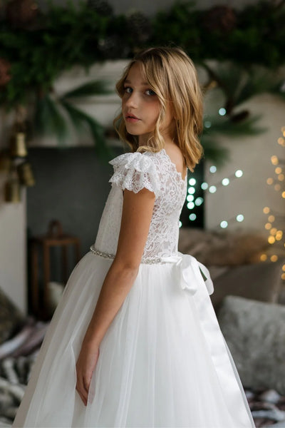 Girls Off-White Lace Communion Dress with Beaded Waist & Bow Back