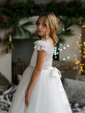 Girls Off-White Lace Communion Dress with Beaded Waist & Bow Back