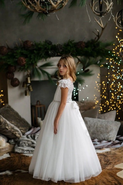 Girls Off-White Lace Communion Dress with Beaded Waist & Bow Back