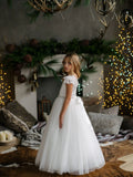 Girls Off-White Lace Communion Dress with Beaded Waist & Bow Back