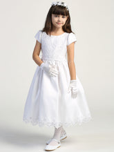Girls Tea Length 1st Communion Flower Girl Dress With Embroidered Lace Bodice