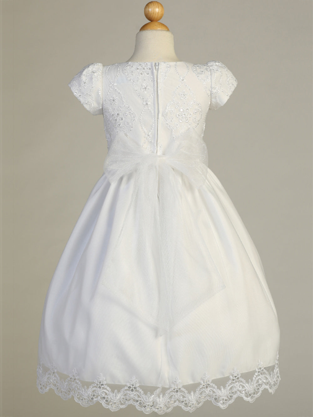 Girls Tea Length 1st Communion Flower Girl Dress With Embroidered Lace Bodice