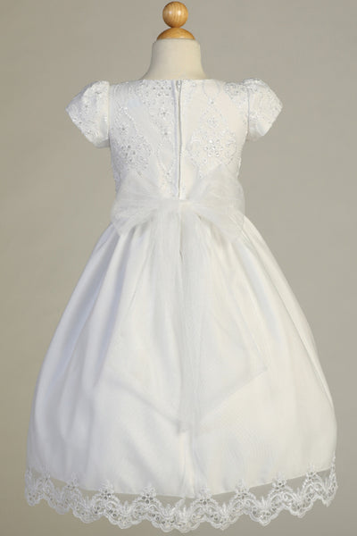 Girls Tea Length 1st Communion Flower Girl Dress With Embroidered Lace Bodice