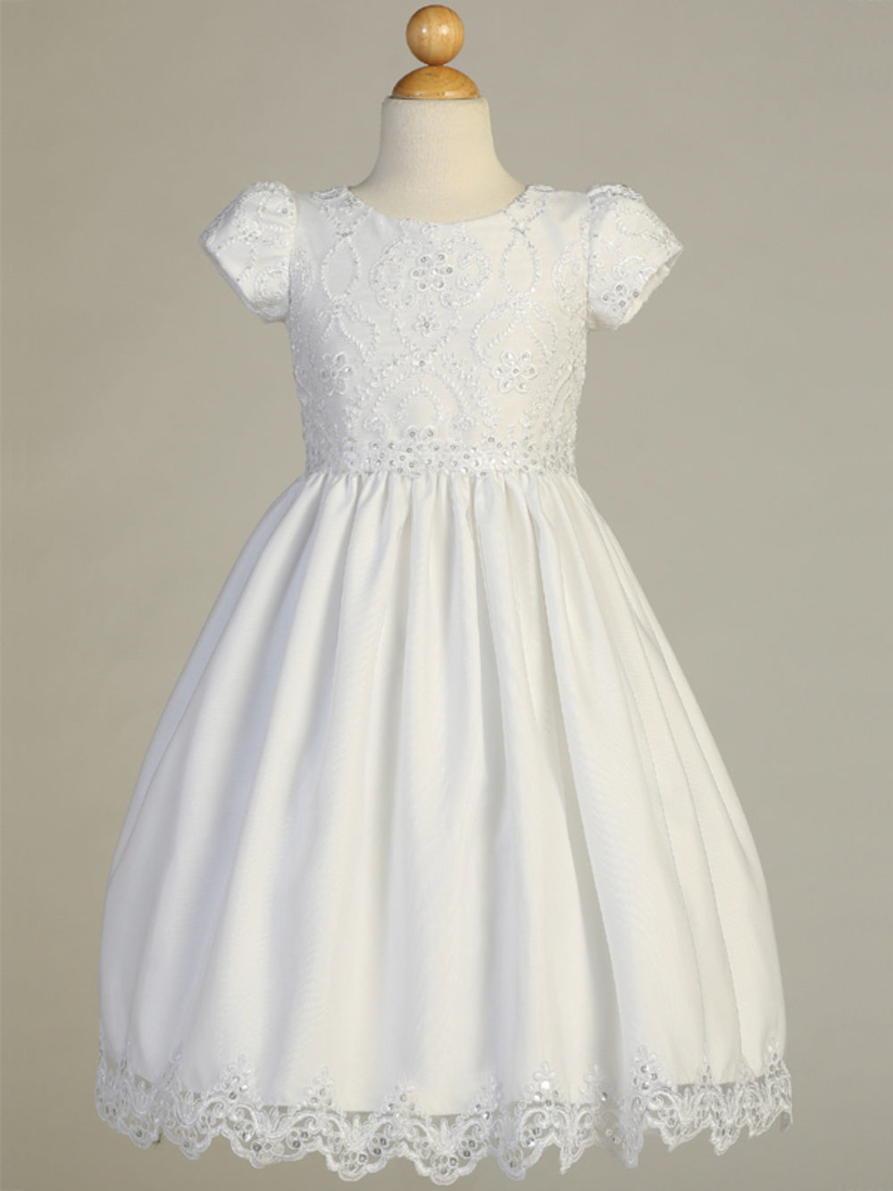 Girls Tea Length 1st Communion Flower Girl Dress With Embroidered Lace Bodice