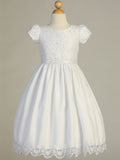 Girls Tea Length 1st Communion Flower Girl Dress With Embroidered Lace Bodice