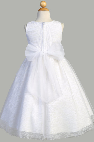 Girls White Glitter Tulle Flower Girl First Communion Tea Length Dress