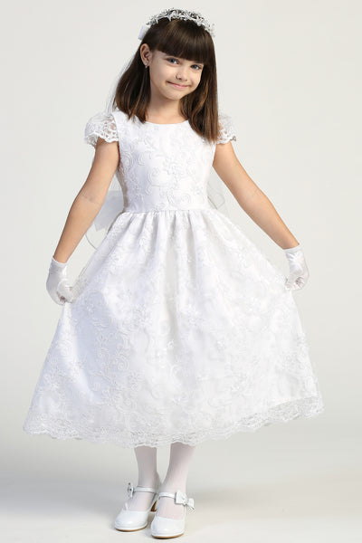 Girls Embroidered Lace 1st Communion Dress Tea Length Flower Girl Dress