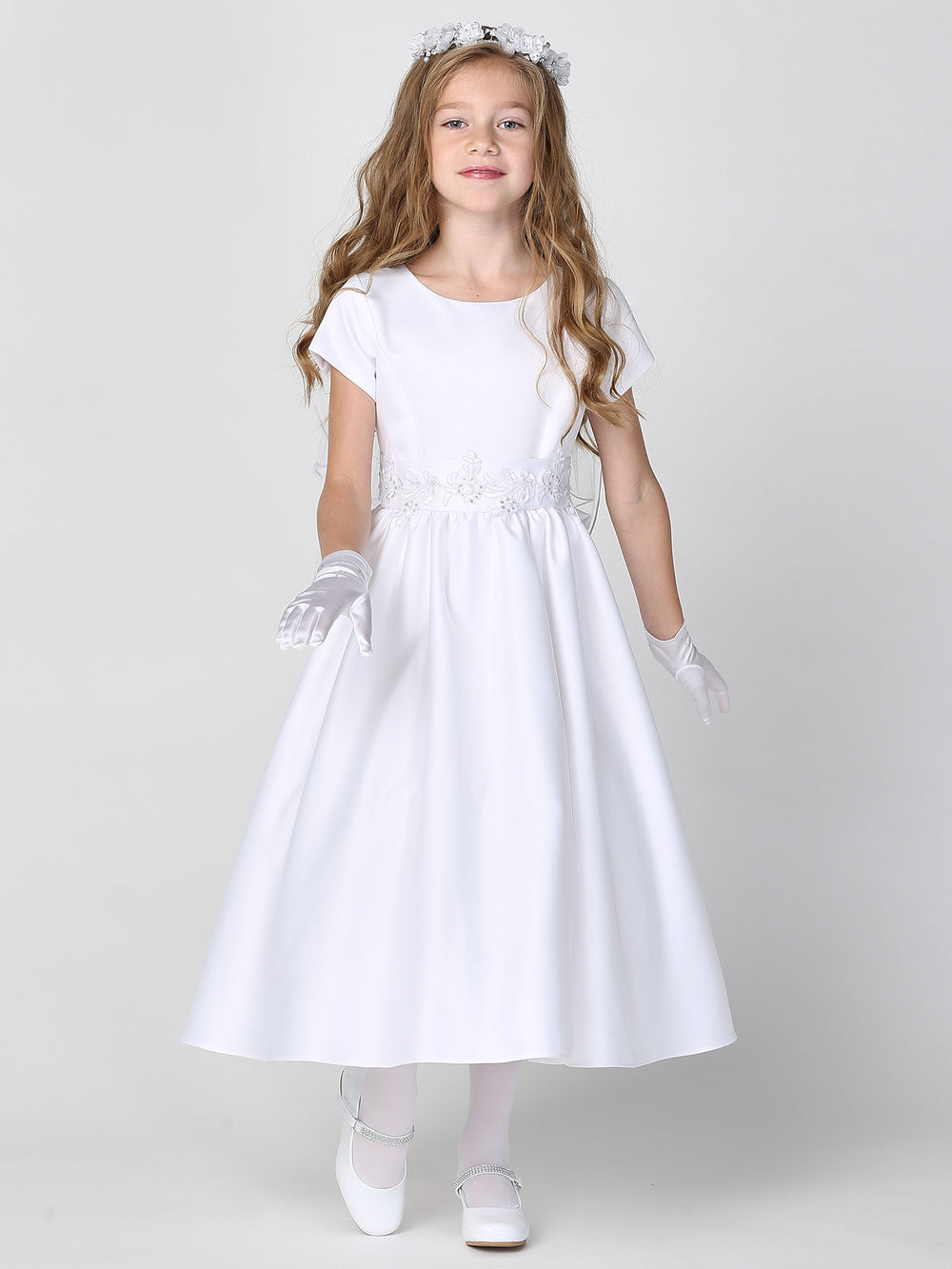 First Communion Flower Girl White Tea Length Dress With Beaded Lace