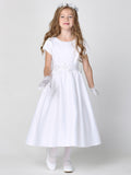 First Communion Flower Girl White Tea Length Dress With Beaded Lace
