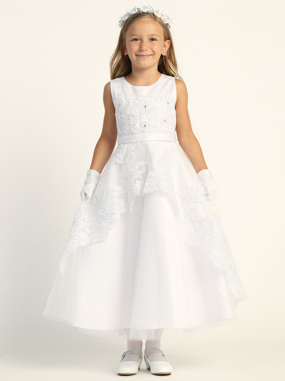 First Communion Tea Length Dress With Embroidered Lace And Sequins