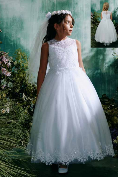 White Illusion Neckline Lace Communion Dress for Girls