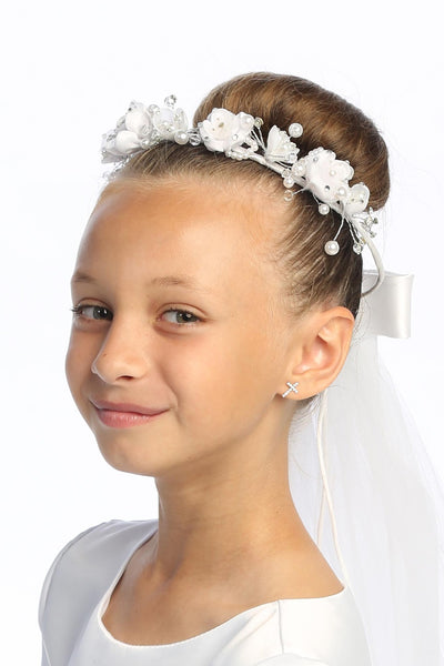 Maddy Kids Communion Veil – 24" Organza Flowers & Pearls