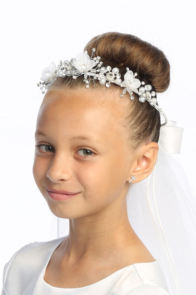 Justine Kids Communion Veil – 24" Organza Flowers & Pearls