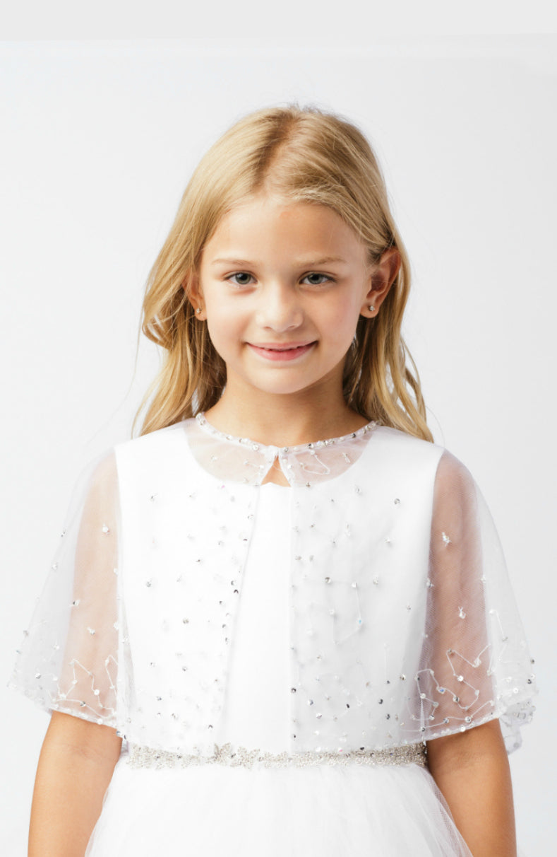 Girls Sheer Bolero Cape With Crystals Communion Flower Girl Bolero