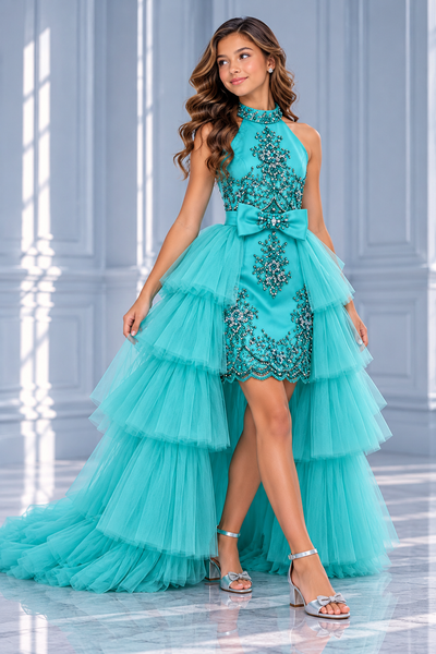 Girls Beaded Pageant Dress with Detachable Tulle Train