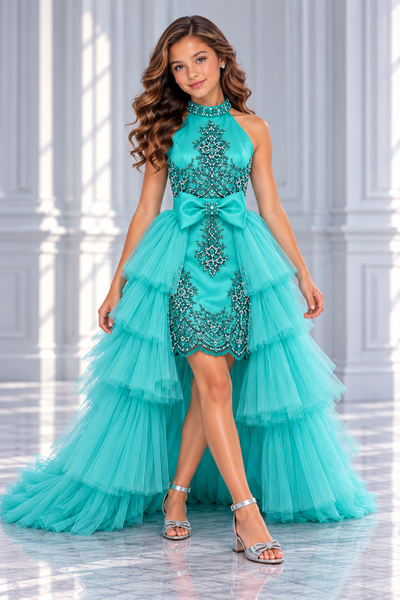 Girls Beaded Pageant Dress with Detachable Tulle Train