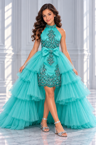 Girls Beaded Pageant Dress with Detachable Tulle Train