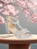 Girls Glitter Block Heel Dress Sandals – Rose Gold, Silver, or White