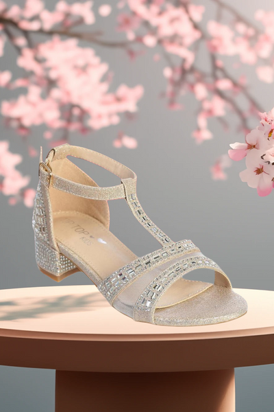 Girls Glitter Block Heel Dress Sandals – Rose Gold, Silver, or White