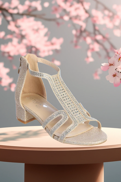 Girls Sparkle Block Heel Sandals - Rose Gold or Silver
