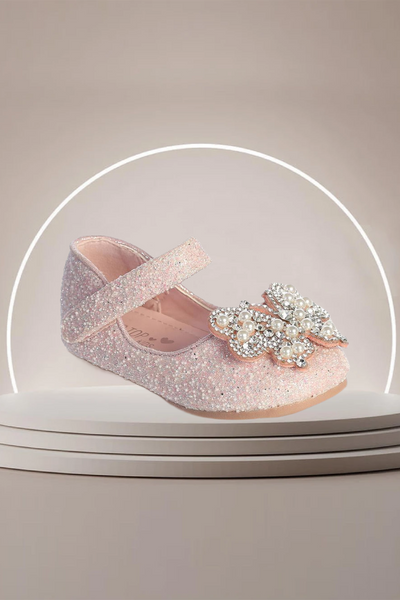 Girls Glitter Butterfly Flats with Pearls - White or Pink | Sizes 1-8