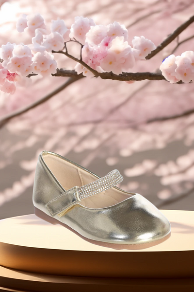 Gold or White Girls' Dress Shoes with Rhinestone Strap