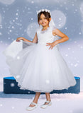 Nayeli White Tea-Length Dress for Communion & Flower Girls