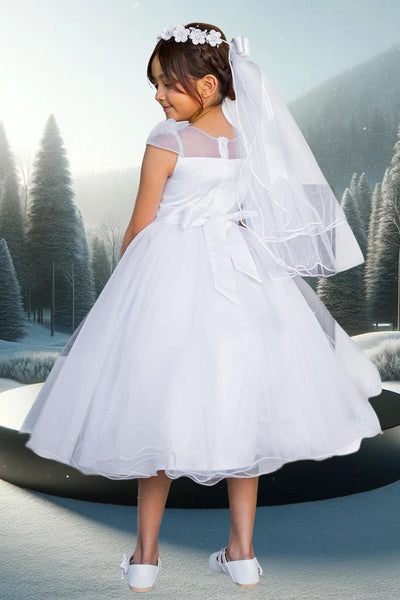 Nayeli White Tea-Length Dress for Communion & Flower Girls
