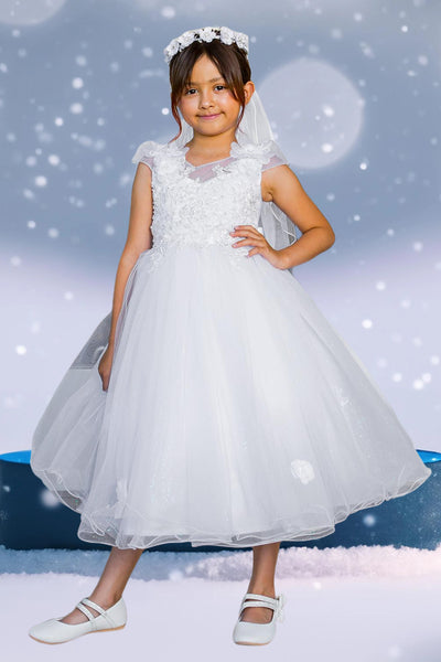 Nayeli White Tea-Length Dress for Communion & Flower Girls