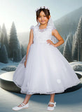 Nayeli White Tea-Length Dress for Communion & Flower Girls