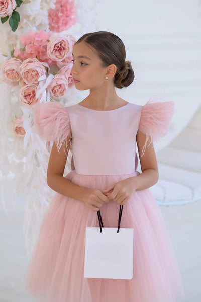 Evangelina Feather Blossom Dress – Blush Couture Girls’ Special Occasion Gown