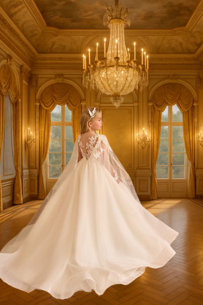 Embroidered Cape Communion Dress | Pentelei Couture Gown