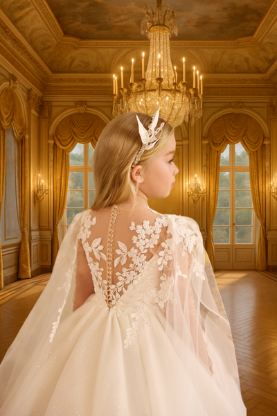 Embroidered Cape Communion Dress | Pentelei Couture Gown