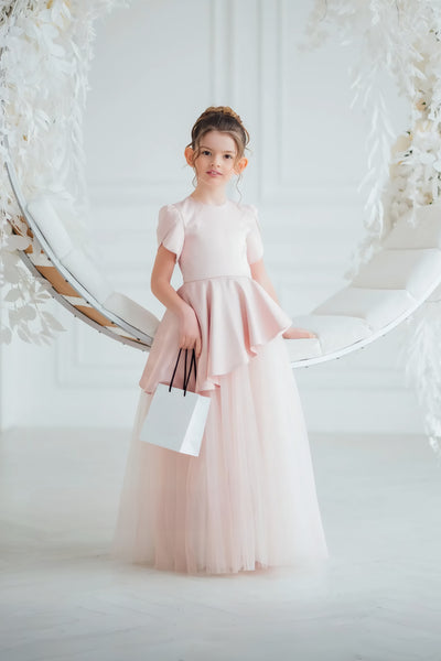 Vespera Peplum Blush Gown | Girls Tulle Special Occasion Dress