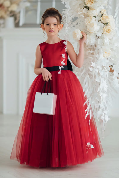 Carmella Rouge Gown - Red Satin & Tulle Girls Special Occasion Dress with Bow