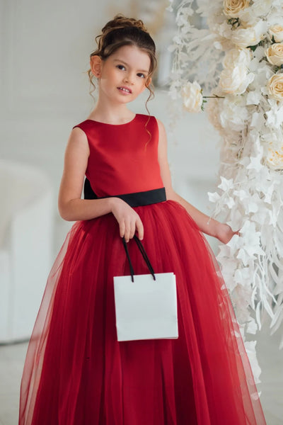 Carmella Rouge Gown - Red Satin & Tulle Girls Special Occasion Dress with Bow