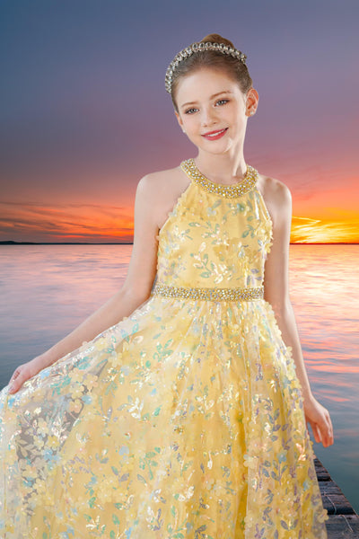 Yellow Sequin Floral Pageant Dress - Brydealo Couture