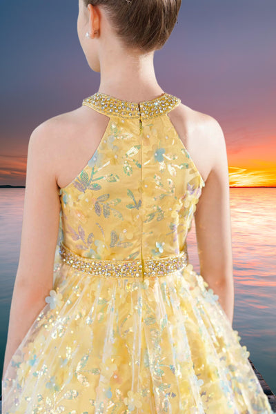 Yellow Sequin Floral Pageant Dress - Brydealo Couture