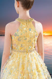 Yellow Sequin Floral Pageant Dress - Brydealo Couture