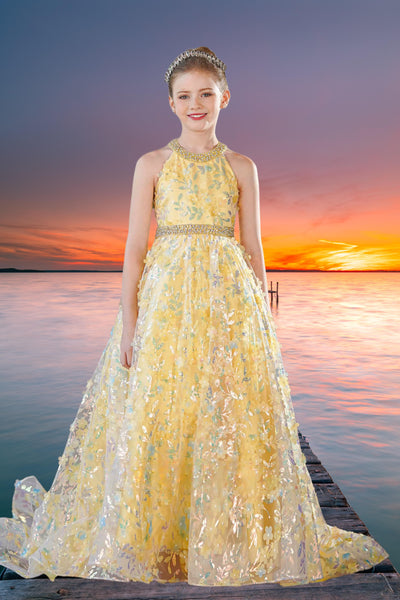 Yellow Sequin Floral Pageant Dress - Brydealo Couture